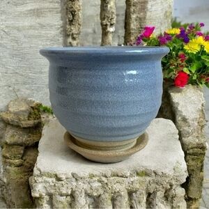 Rare VNTG Pottery Blue Grey Clay Planter with Base Ceramic Planter Flower Pot